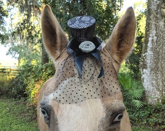 Silver and Black Lace Fascinator Mini Victorian Hat for Horse with Black Veil  - Equine Tack Goth Victorian - Ready to Ship