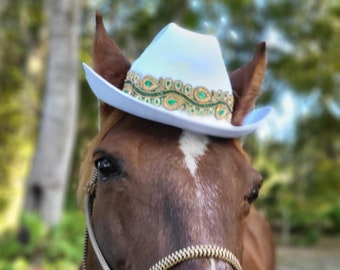 Emerald Bling White Cowboy Hat for Horse or Pony - Cowboy Hat for Equines