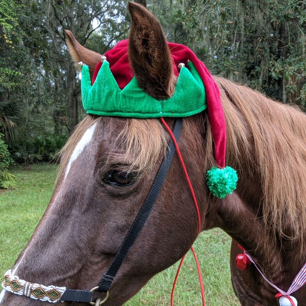 Santas Helper Elf Hat for Horse or Pony - Equine Christmas Elf Hat - Fun Holiday Horse Hat Costume