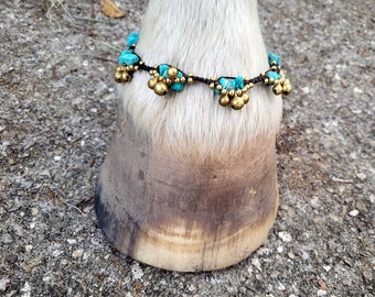 Faux Turquoise and Brass Bells Anklet for Large-footed Riding Horse - Washable Anklet for Horses - Gift for Horse Lover - Ready to Ship