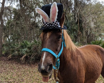 White Rabbit Top Hat for Any size equine - Soft Horse Easter Hat - Fun Black Top Hat for Full-Sized Equines