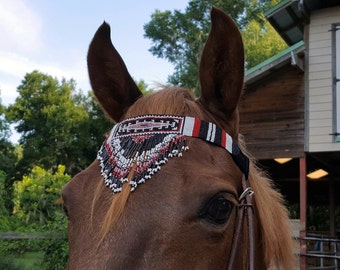 Black and Red Eye of the Medicine Man Seed Beaded Equine Browband - Native American Style Horse Brow Band - American Indian Style Tack