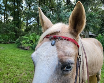 Tiny Red Rose and Cameo Browband Horses and Ponies - Equine Tack Steam Punk Gothic