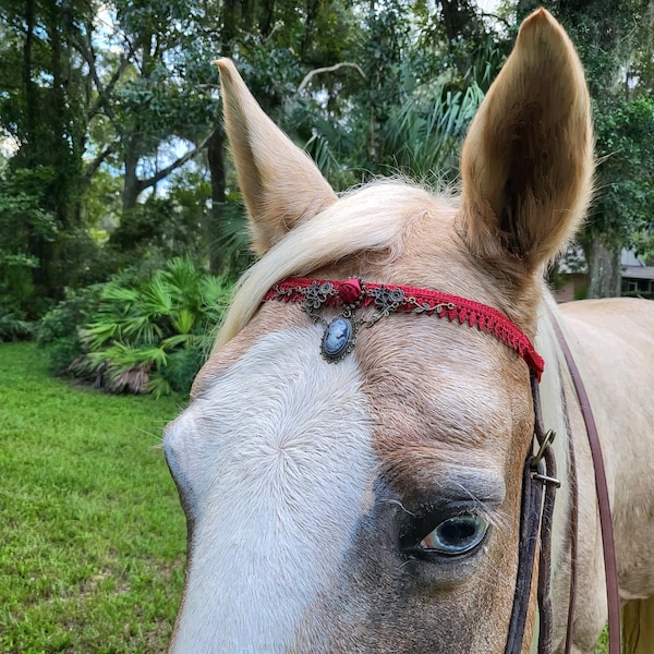 Tiny Red Rose and Cameo Browband Horses and Ponies - Equine Tack Steam Punk Gothic