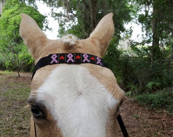 Clearance: Black Seed Beaded Breast Cancer Awareness Browband for Draft, Horse, Pony, or Mini - Seed Bead Equine Tack Jewelry