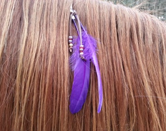 Purple Feathers and Beads Equine Mane, Tail or Hair Ornament - feathers and beads horse jewelry