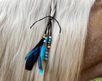 Black and Blue Feathers and Bells Equine Mane Dangler - Horse Mane Ornament - Mane Decoration for Horses