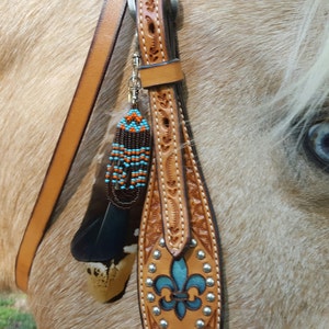Blue and Brown Beaded and Feathered Equine Mane or Bridle Ornament ...