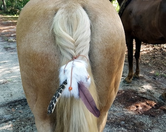Faux Fur Equine Tail or Mane Ornament - Fur and Feather horse jewelry - Celtic, Viking, American Indian Style Horse Costume, Equine Costume