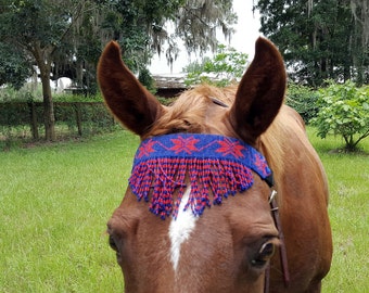 Blue and Red Fringe Seed Beaded Equine Browband -  Native American Style Horse Brow Band - American Indian Style Tack