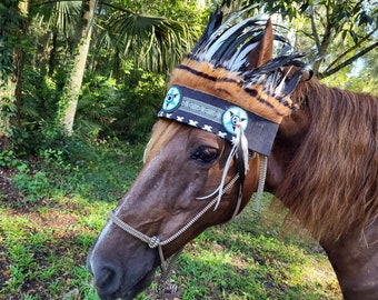 Feathered Headdress Browband for Draft Horses - Gray and Black Riding Horse Feathered Brow Band - Feathered Plume Tack