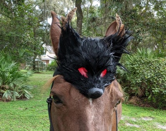 Black Wolf Face Equine Browband or Brown Fox Face Browband with LED Eyes - Feathered Equine Mask