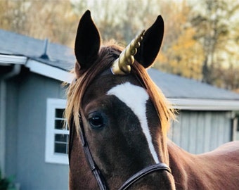 Unicorn Horn Equine Browband with Gold Pink White Blue Silver or Purple Horn - Horse, Pony or Miniature Horse Brow Band with Unicorn Horn