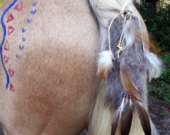 Faux Wolf Fur Equine Tail or Mane Ornament - Fur and Feather horse jewelry - American Indian Style Horse Costume, Equine Costume