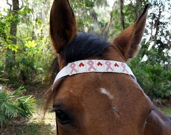 Clearance: White Seed Beaded Breast Cancer Awareness Browband for Draft, Horse, Pony, or Mini - Seed Bead Equine Tack Jewelry