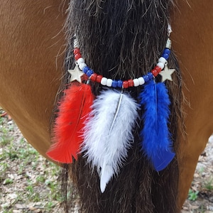 Patriotic Beaded Tail Loop with Feathers Red White and Blue - USA Horse Ornament - Patriotic Horse Tack