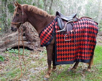 Red and Black Knight Reversible Horse Costume - Reversible to All Black Medieval Barding Costume - Equine Jousting Caparison