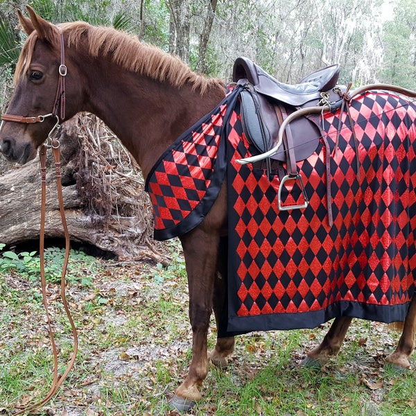 Red and Black Knight Reversible Horse Costume - Reversible to All Black Medieval Barding Costume - Equine Jousting Caparison