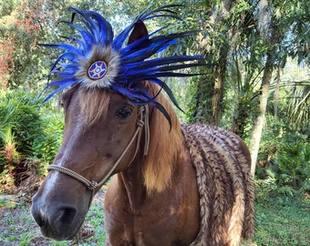 Feathered Headdress Browband - Blue and Black Riding Horse Feathered Brow Band - Feathered Plume Tack