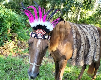 Feathered Headdress Browband - Pink and Black Riding Horse Feathered Brow Band - Feathered Plume Tack