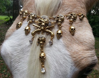Pirate Skulls Browband for Horse or Pony in Gold Finish - Equine Bling Tack Jewelry - Gift for Horse Lover