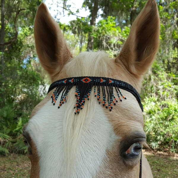 Black Fringe Seed Beaded Equine Browband -  Native American Style Horse Brow Band - American Indian Style Tack