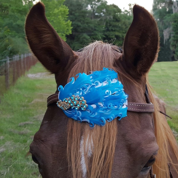 Rhinestone Peacock and Turquoise Feathers Equine Browband or Forelock Ornament - feathers horse jewelry - Horse Costume