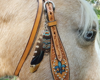 Blue and Brown Beaded and Feathered Equine Mane or Bridle Ornament - feathers horse jewelry - American Indian Style Horse Costume