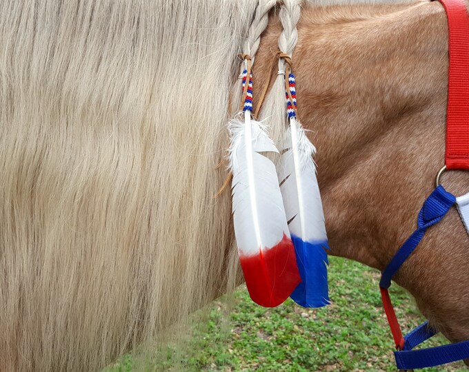 Red White and Blue Feather Equine Mane or Tail Dangler Set for Horses
