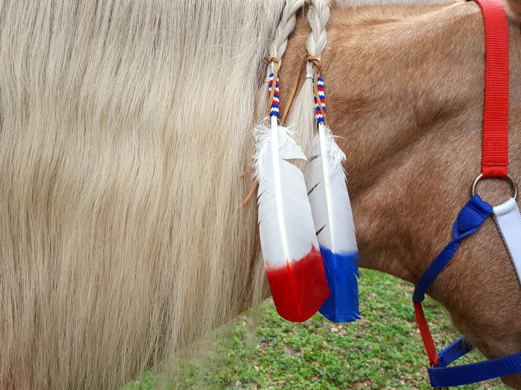 WHITE & BLUE Painted Feather Saddle Tie On NEW HORSE TACK! 5" Leather RED WHITE & BLUE Painted Feather Saddle Tie On NEW HORSE TACK! 5" Leather RED