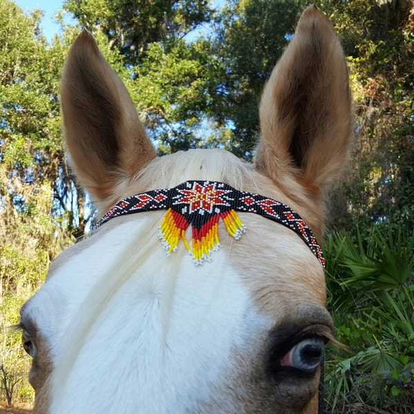 Hope Symbol Seed Beaded Equine Browband with Fringe - Western Tack -  Native American Style Horse Brow Band