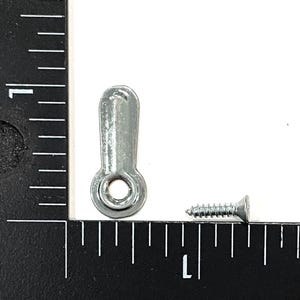 May include: A silver metal hinge with a screw. The hinge is about 1 inch long and the screw is about 1/2 inch long.