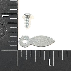 May include: A silver-toned metal picture hanging hardware with a small screw. The hardware has a loop on one end and a flat, oval-shaped plate on the other end.