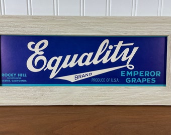 OLD ORIGINAL Crate Label Fruit Advertising - Framed Crate Farmhouse Kitchen Decor Equality Emperor Grapes Exeter California Rocky Hill Box