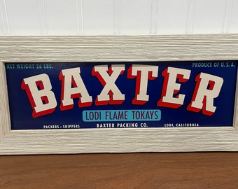 OLD ORIGINAL Crate Label Fruit Advertising - Framed Farmhouse Kitchen Decor Baxter Packing Lodi Flame Tokays Grapes California Produce Box