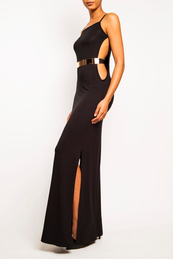 CHRISTINA - Black White Maxi Cutout Sexy Gold Belted Dual Side Slit Dress Bodycon Gown - Kim Kardashian Kourtney Khloe Kendall Jenner Kylie
