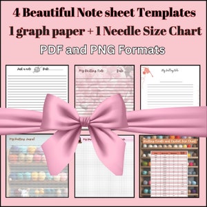 May include: A set of printable knitting note sheets and a needle size chart. The set includes four note sheets with different designs, a graph paper sheet, and a needle size chart. The note sheets are decorated with knitting-themed illustrations and the needle size chart is organised by size and type of needle.