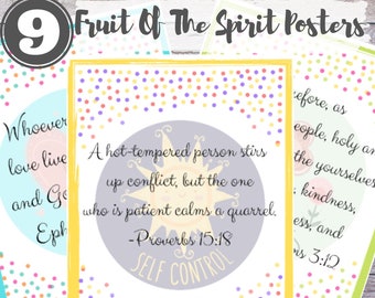 Set of 9 Fruit of The Spirit Reminder Posters with Scriptures- Instant Digital Download- Home, School, or Church