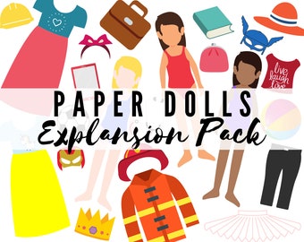 May include: A set of paper dolls with various clothing and accessories. The dolls are dressed in different outfits, including a red dress, a swimsuit, and a firefighter uniform. The accessories include a crown, a book, a purse, and a soccer ball. The text "PAPER DOLLS Expansion Pack" is displayed at the bottom of the image.