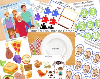 May include: A set of printable educational flashcards for children learning Spanish. The cards feature colorful illustrations and Spanish words for family members, colors, numbers, food, and animals. The cards are designed to help children learn basic Spanish vocabulary and concepts.