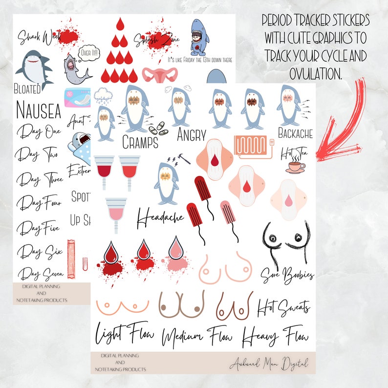 Period Tracker Digital Stickers: Organize Shark Week with Self-Care Bliss image 3