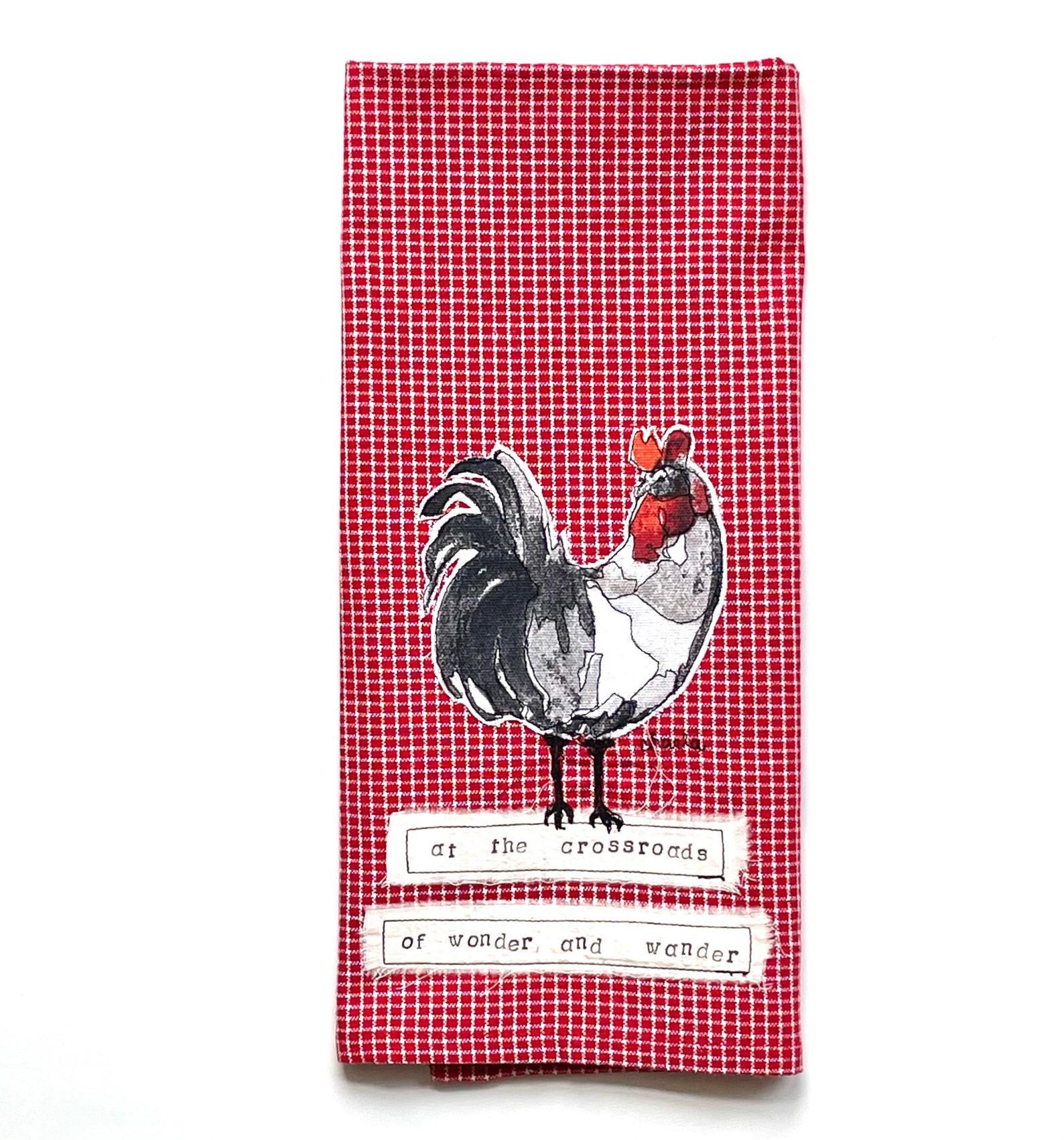 Rooster Dish Towel Barn Red and White Check Kitchen Towel Farm Towel