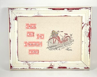 Retro Bicycle Art Stamped Art Raw Edge Machine Embroidery Distressed Red Retro Junking Decor Framed Home Decor