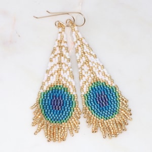 Beaded Peacock Feather Fringe Earrings for Women, Artisan Earrings Handmade, Seed Bead Earrings for Her, Eclectic Jewelry, Summer Jewelry