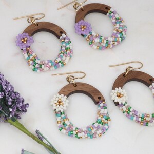 Wood Earrings for Women, Artisan Earrings Handmade for Her, Flower Earrings, Nature Jewelry, Mothers Day Gift, Hoop Earrings Wooden