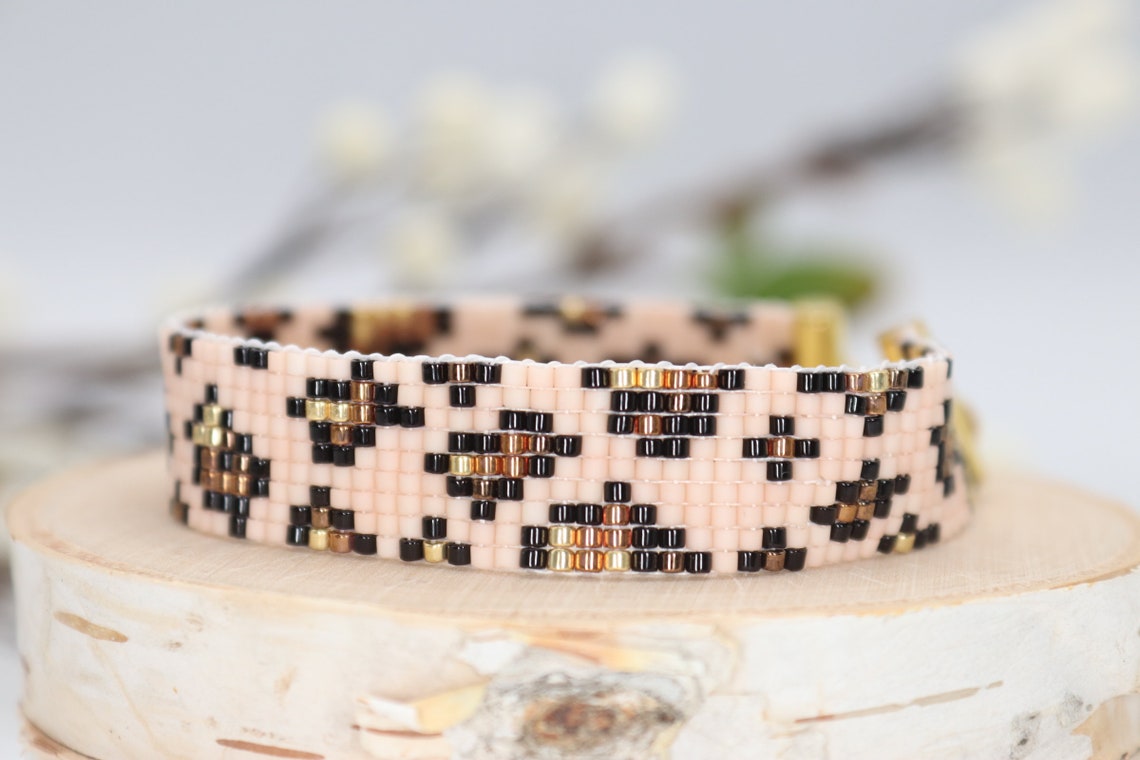 Leopard Seed Bead Bracelet Animal Print Beaded Cuff Miyuki Etsy