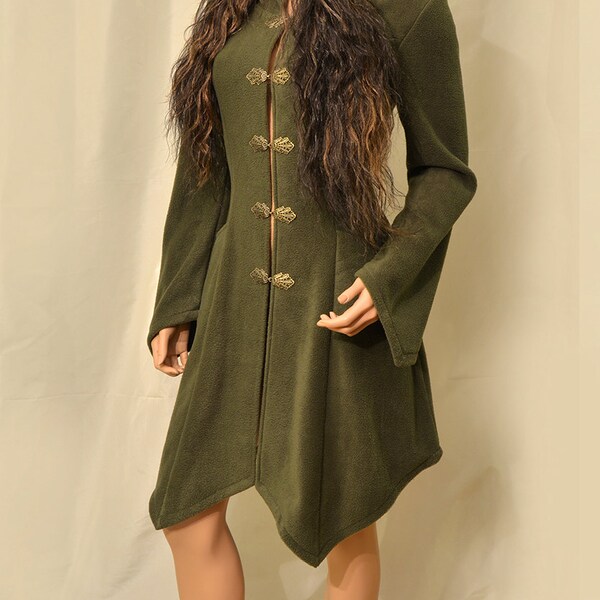 Olive Green Knie Länge Fairy Elfen Fleece Frühling Mantel mit Kapuze Pixie Sonnenblende, Schmuckverschlüsse und Korsett zurück, Größe M, bereit zum Schiff