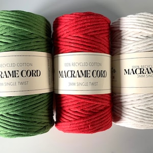 3-4mm macrame cord - single twist cotton- 100% Cotton - 10m/20m/100m - Christmas colours- made in UK