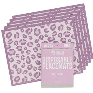 May include: A pack of 60 pink leopard print disposable placemats. The placemats are extra large, measuring 18 inches by 14 inches. The package is labeled "Lonestar Essentials Disposable Placemats Pink Leopard".