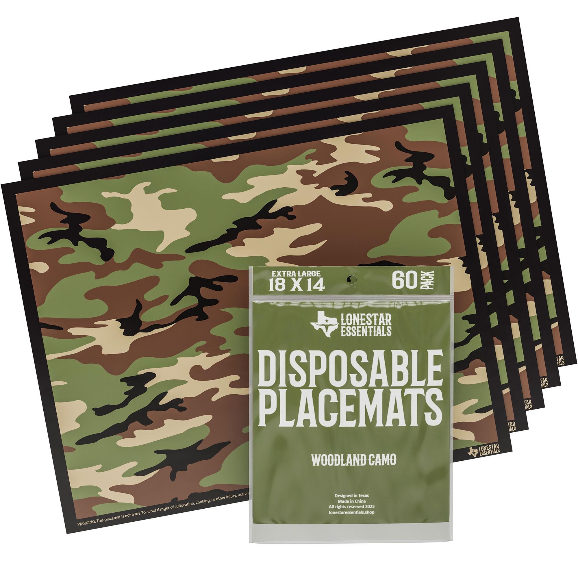 60 Disposable Placemats for Baby Toddlers Kids Table Mat with Adhesive Strips Stick on Extra Large Mats 18" x 14" Waterproof Woodland Camo